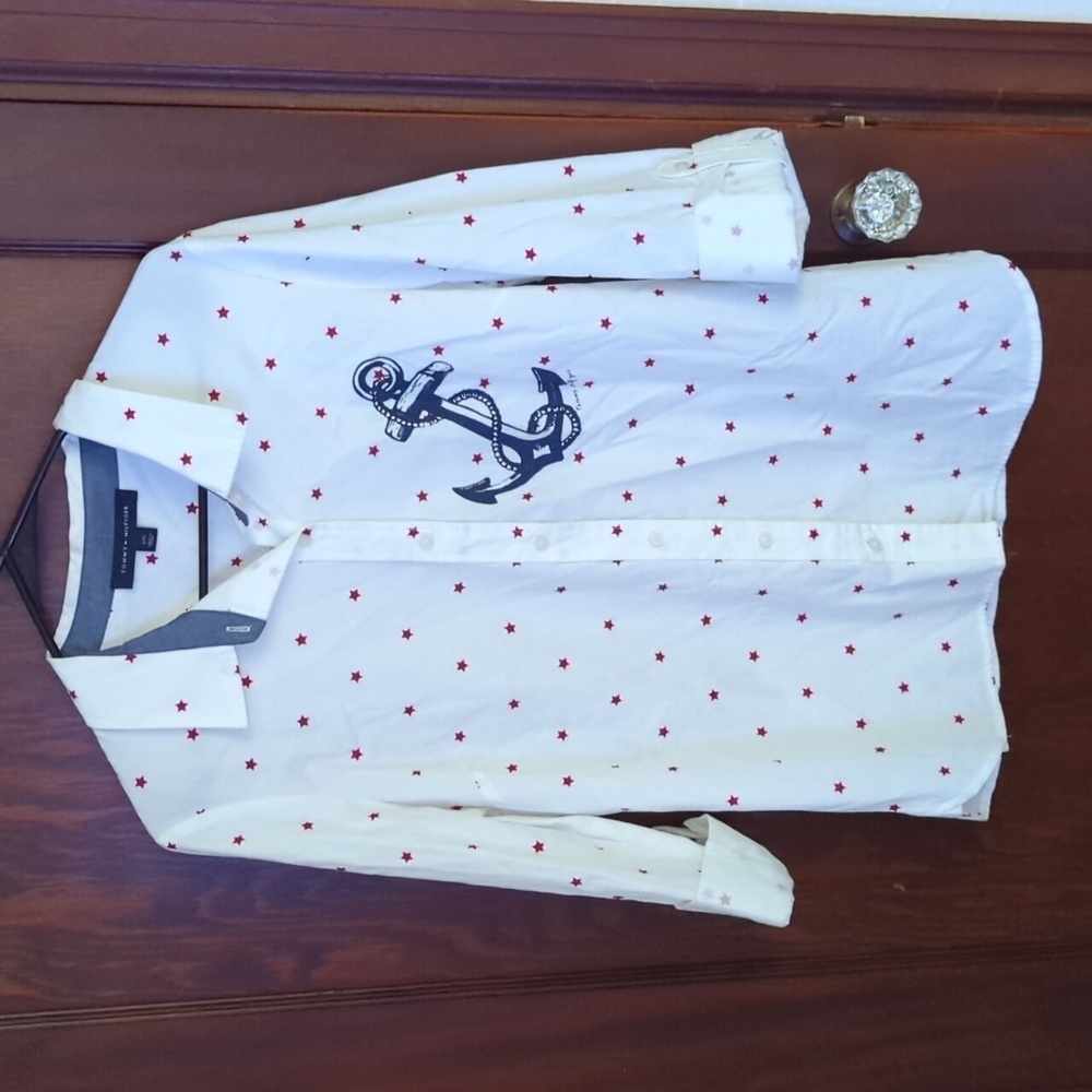 Tommy Hilfiger White Button Down Shirt with Red Stars and Blue Anchor